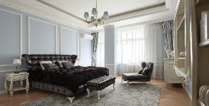 Просторная изысканная спальня в синих тонах: дизайнер Ольга Черненко