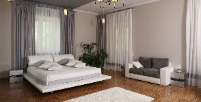 Серо-белая спальня с колоритной каминной зоной: дизайнер Александр Филиппов